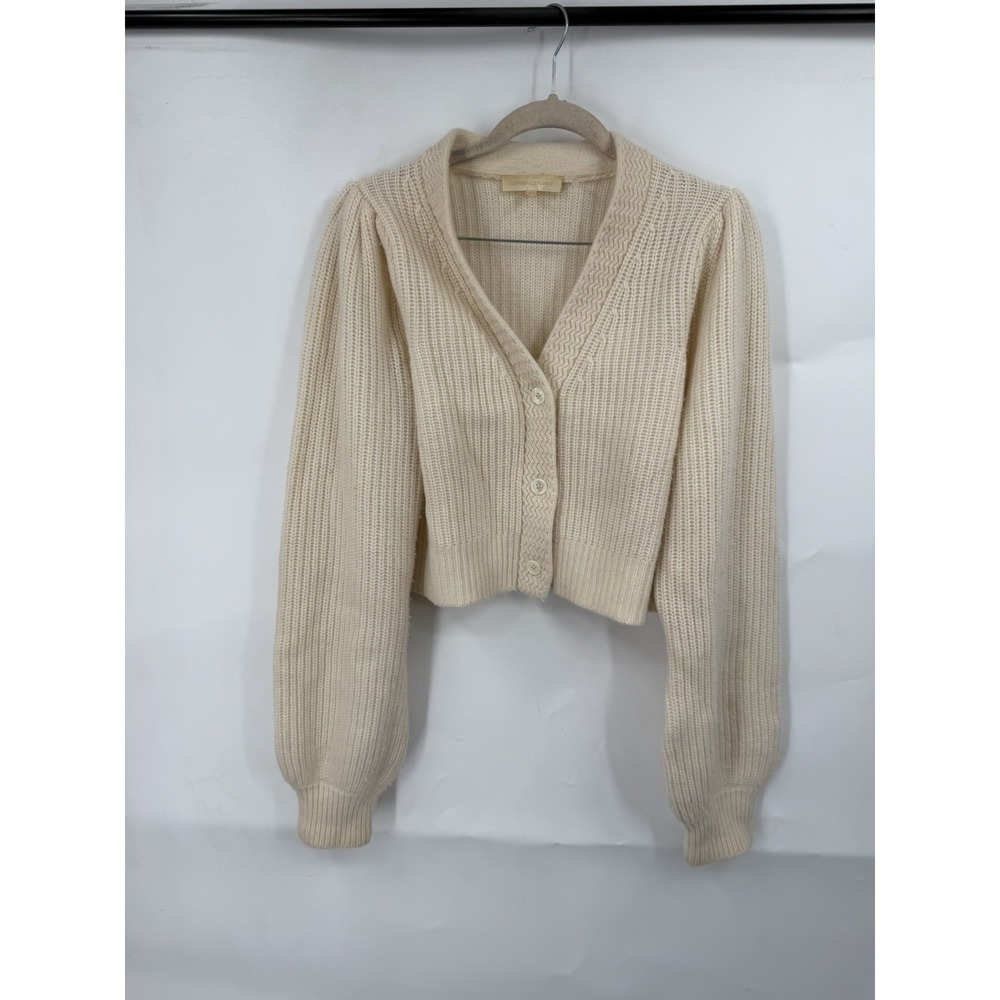 LoveShackFancy Avignon Cardigan L Ivory Wool Cashmere Cropped Puff Sleeve Flawed